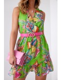 Light patterned dress with a belt, green and pink 03040 - Online store - Boutique